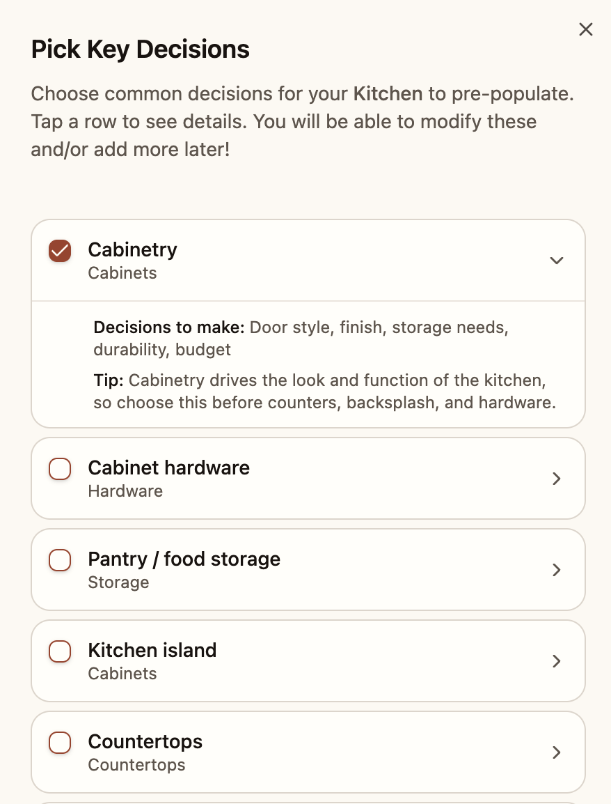Pick Key Decisions screen showing a ready-made list of common kitchen renovation decisions