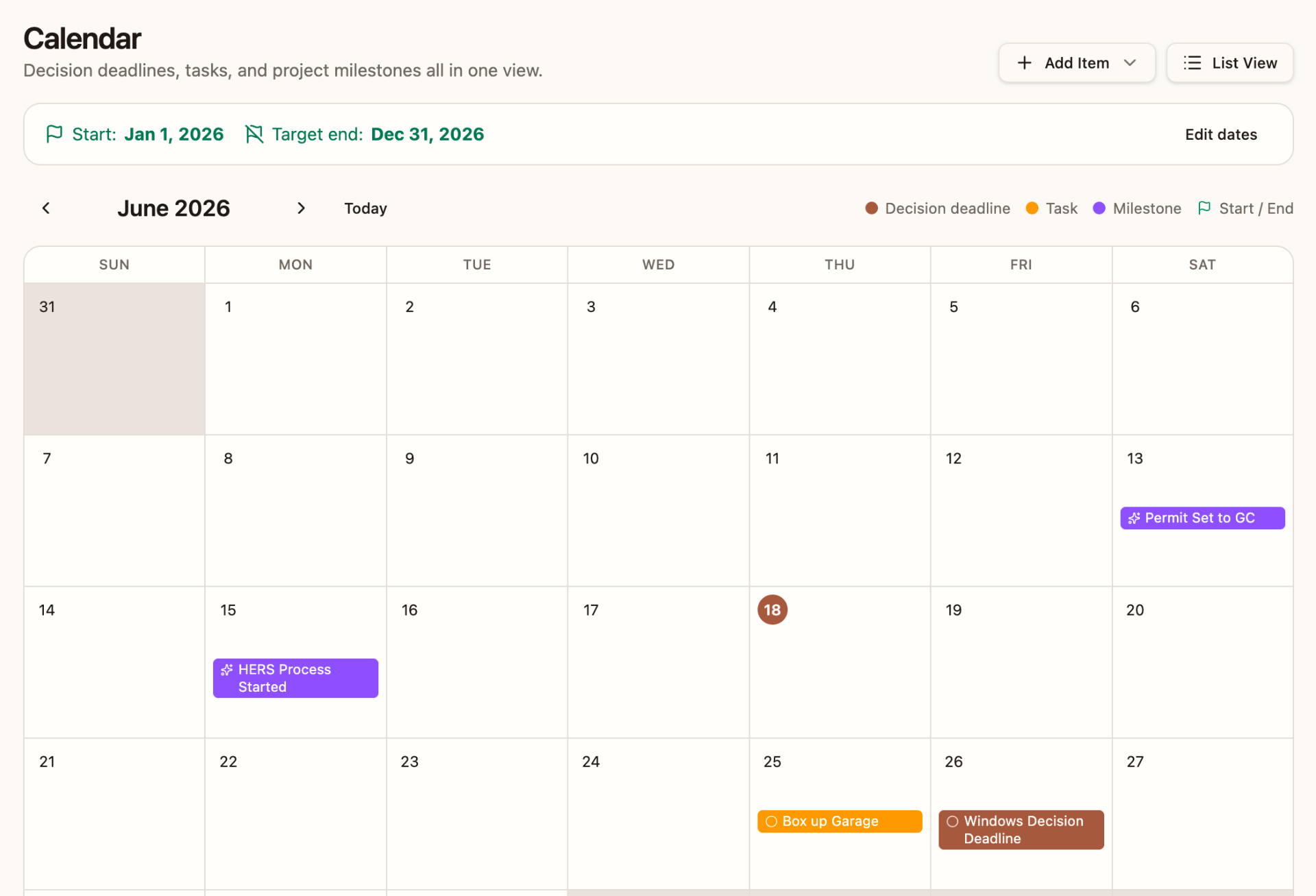 Calendar showing decision deadlines, tasks, and milestones across the project timeline